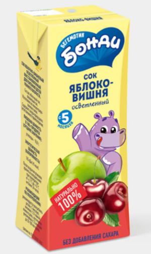 Сок «Яблоко-Вишня», 0.2л «Бегемотик Бонди», 209 г