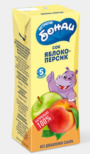 Сок «Яблоко-Персик», 0.2л «Бегемотик Бонди», 209 г
