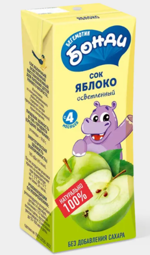 Сок «Яблоко осветленный», 0.2л «Бегемотик Бонди», 209 г