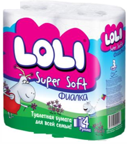 Туалетная бумага 3 слойные 4 рулонов Loli Super Soft  Фиалка ароматизир.
