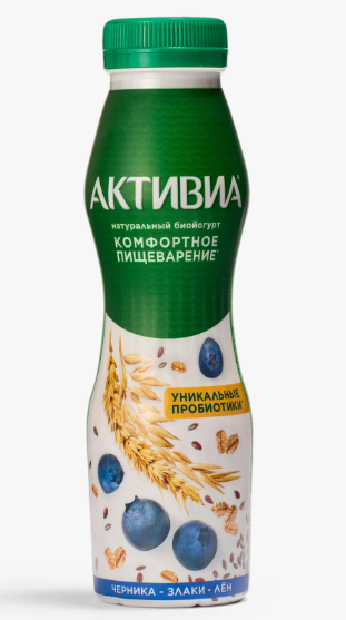 АКТИВИА 260мл, Питьевой йогурт ЧЕРНИКА- ЗЛАКИ-ЛЕН