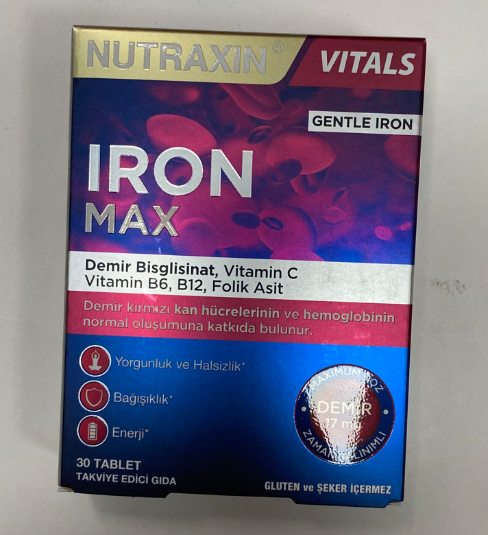 Nutraxin Iron Max17 Mg Demir, C Vitamini, B6 Vitamini, Folik Asit, B12 30таб